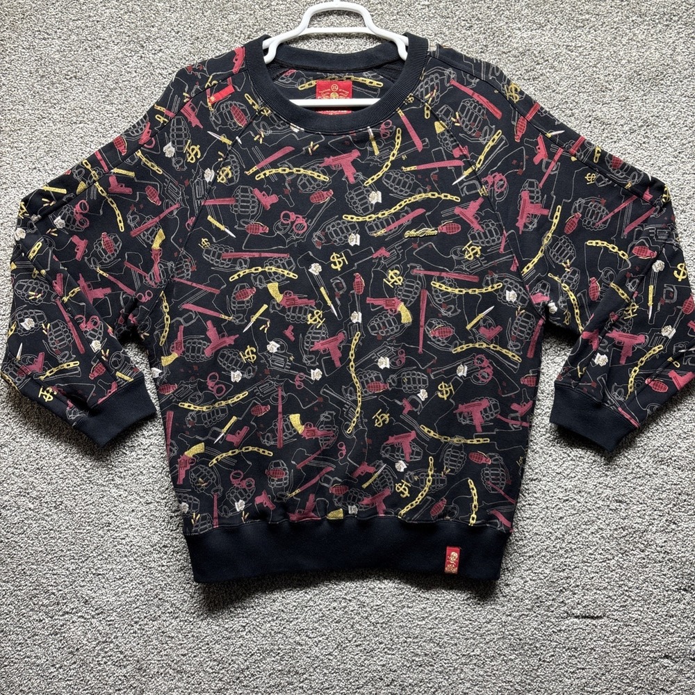 Vintage Y2K 90s Stash House XL Sweater Guns‎ Knives Grenades All Over Print RARE